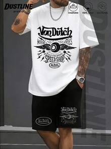 Mens White Creative T Shirt And Shorts Set American Vintage Full Print Street Wear Essential T Shirt Set Men Graphic T Shirt And Shorts Set Vonn Dutch Motor Cycles Built For Speed Speed Shop Print - 白色 - 查看 2