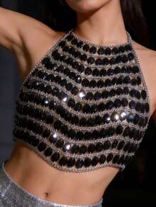 Women Rhinestone Chain Halter Camisole Top Gemstone Backless Bra Body Chain Jewelry Rave Nightclub Party Outfits - Black - View 4