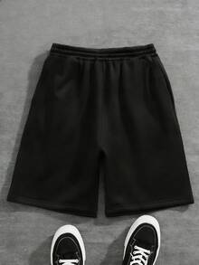 大码男童休闲宽松纯色短裤，品牌运动休闲夏季短裤 - 黑色 - 查看 2
