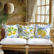 4 buc. fețe de pernă minimaliste în stil acuarelă albastru și alb din porțelan, cu model lămâie, catifea imprimată pe o singură față cu piersică, 45 * 45 cm / 18 * 18 inch, pentru decorul camerei, decorare modernă pentru canapea și living, cadou, petrecere - Multicolor - Vizualizare 4