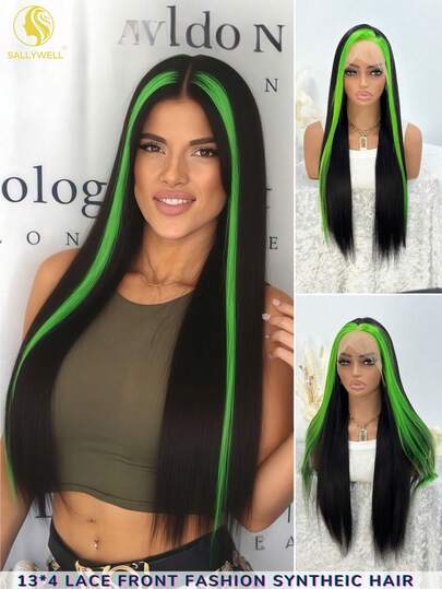 شعر مستعار صناعي أخضر فاتح مستقيم طويل 13*4 مع قاعدة دانتيل أمامية مسبقة التشذيب، بدون غراء للمبتدئين