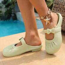 Mules con lazo lindo, sandalias casuales transpirables con diseño calado para mujer - Verde - Ver 4