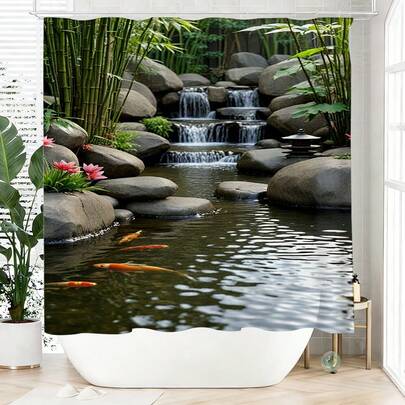 1pc Zen-Style Lotus Pond Shower Curtain, Made Of Polyester, Waterproof, Non-Shading, Suitable For Home And Bathroom Decor, Comes With 12 Hooks.