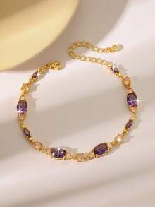 1 chiếc vòng tay cổ điển màu tím đính pha lê giả và đá Cubic Zirconia, vòng tay dây xích cao cấp sang trọng dành cho nữ, dài 16.5cm kèm dây nối dài 5cm, mạ vàng, vòng tay đá sinh nhật, món quà hoàn hảo cho phái đẹp, phụ kiện cưới. - Vàng - Xem 1