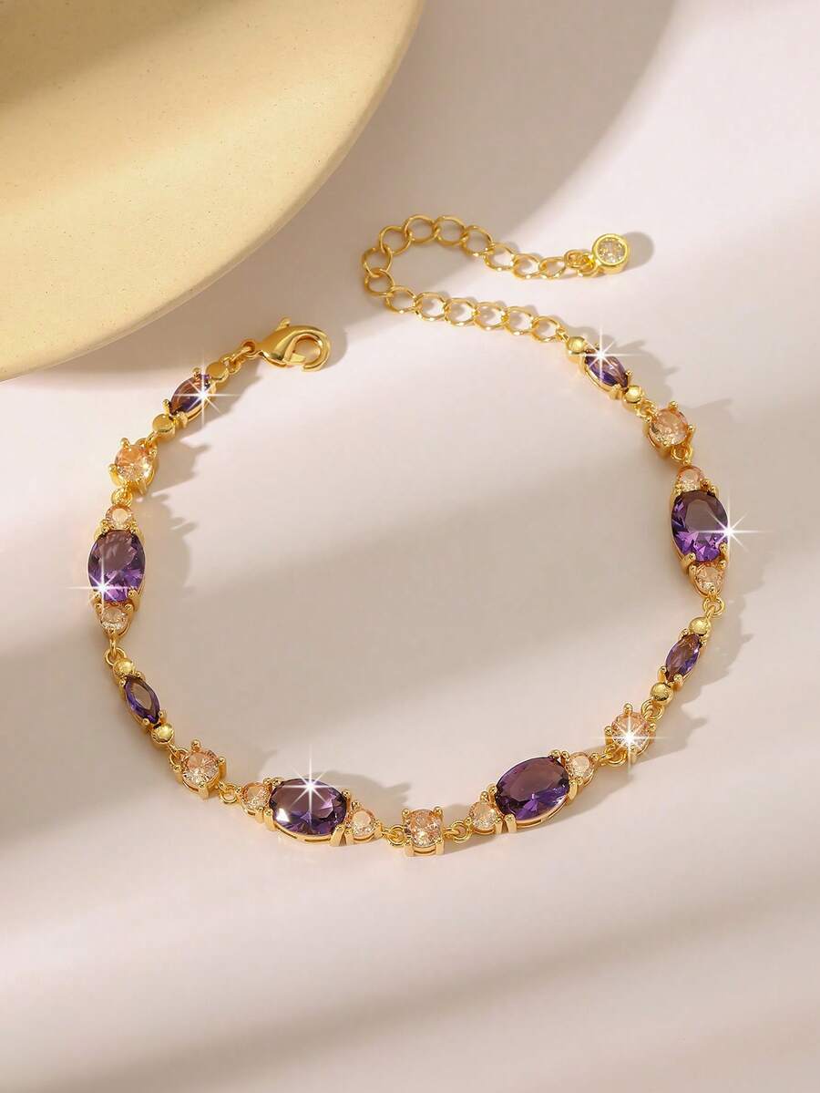 1 chiếc vòng tay cổ điển màu tím đính pha lê giả và đá Cubic Zirconia, vòng tay dây xích cao cấp sang trọng dành cho nữ, dài 16.5cm kèm dây nối dài 5cm, mạ vàng, vòng tay đá sinh nhật, món quà hoàn hảo cho phái đẹp, phụ kiện cưới. - Vàng - Xem 1