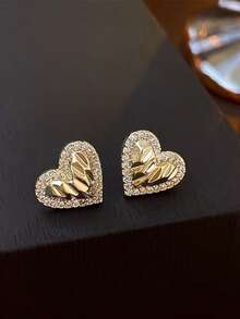 PLINEWAX Fashionable Silver-Tone Heart-Shaped Earrings With Sparkling Crystal Inlay, Delicate Heart Earrings, Everyday Jewelry - Gold - View 8