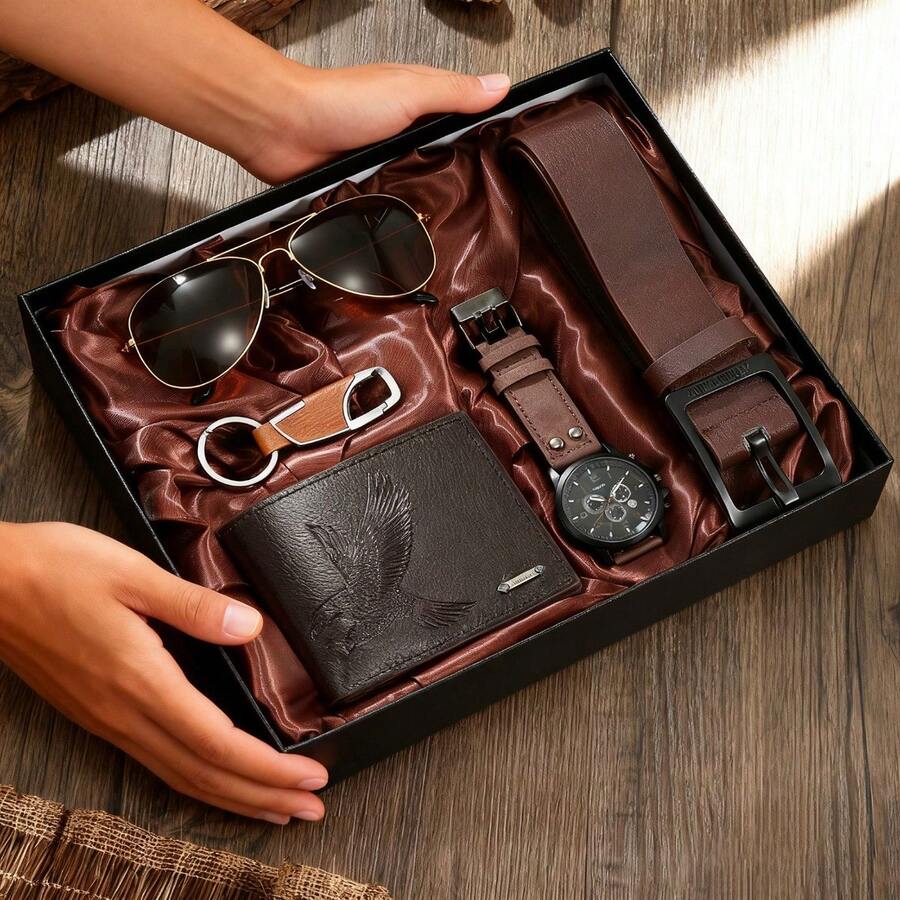 5-Piece Men's Belt Gift Set, Includes Belt, Watch, Wallet, Glasses And Keychain, Luxurious And Business Design To Unleash Your Charm - Black - View 1
