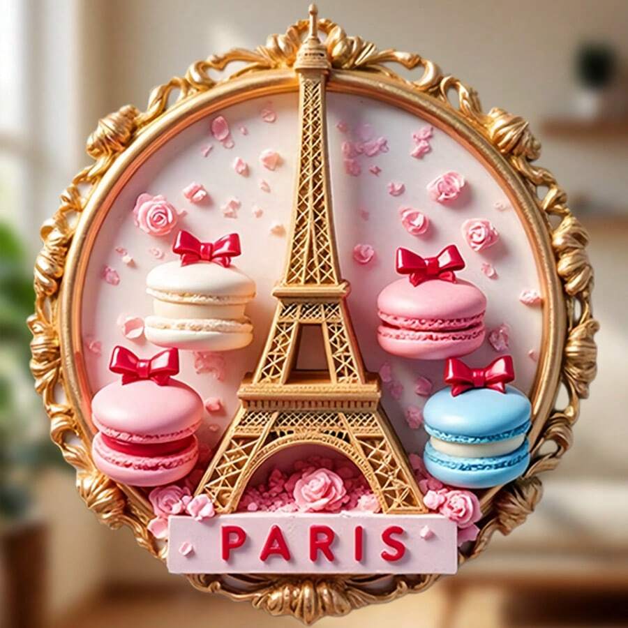巴黎甜蜜时光:饰以层叠马卡龙、埃菲尔铁塔、粉色玫瑰和散落花瓣,镶嵌于镀金画框中,并以粉色字体写着“巴黎”——为您的冰箱带来镀金般的优雅。 - F - 查看 1