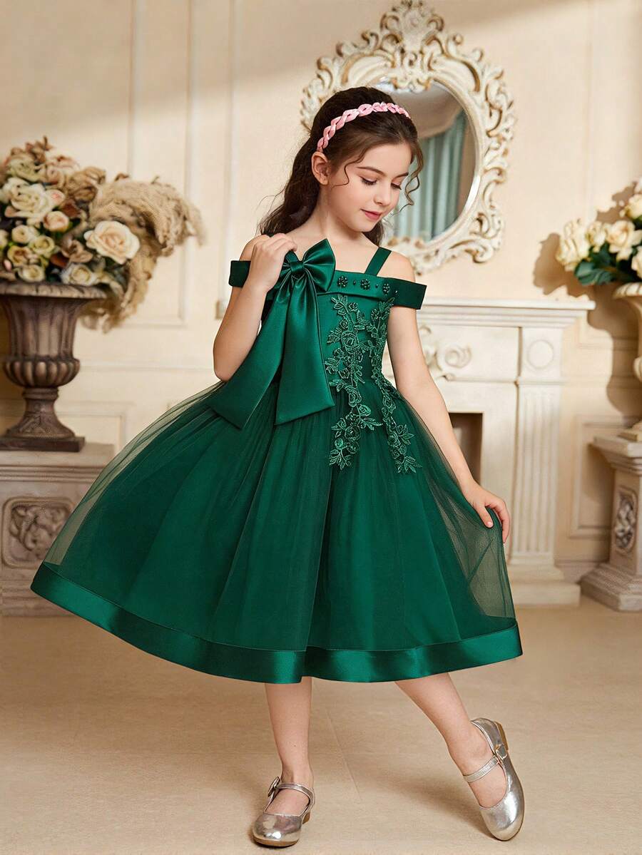 Váy lưới nơ hoa không tay thanh lịch cho bé gái, thích hợp cho tiệc sinh nhật, không bao gồm băng đô - Màu xanh lá cây đậm - Xem 1