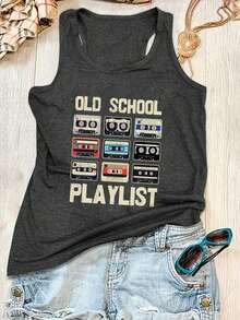 Women's Dark Gray Vest, Vintage Cassette And Letter Print Vest, Summer Casual Sleeveless Top For Women, Music Festival Top - 深灰色 - 查看 3