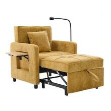 Two-In-One Sleeper Chair, Single Sleeper Sofa, Chenille Armchair (With Cushions And Side Pockets), With A Small Table On One Side And A Storage Bag On The Other, Complete - Mustard Yellow - View 10