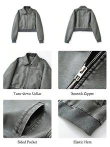 女士仿皮夹克 飞行员棒球领拉链短款机车外套 - 灰色 - 查看 5