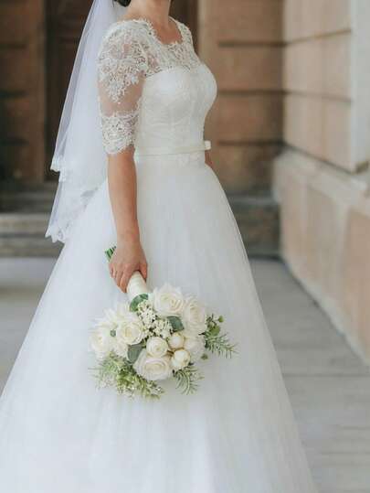 Ramo de boda artificial de rosas blancas de 8 pulgadas (incluye corsage y boutonnière), adecuado para decoración de iglesia, ceremonia y aniversario