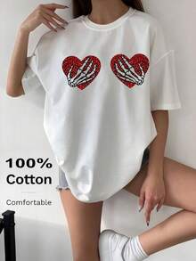 2026年女士春夏T卹，純色圓領短袖寬鬆T卹，100%棉質上衣，紅色豹紋愛心圖案印花，婚禮主題，春夏裝日常休閒女裝，街頭服飾，外出度假，camisetas invierno mujer，noistamujer，camiseta oversize mujer，motif mujano， mujeta，Otahata mujer，motif mujano， guerreras，ropa mujer，verano mujer，jersey，fiesta，sudaderas de mujer，conjunto mujer invierno，ropa verano mujer，verano mujer，y2k，mujer，ropa curvy mujer，sudadera mujer talla grande，friends，vacation，casual，辦公室/休息室/居家/戶外運動/復古風/簡約，趣味設計，四季通用休閒上衣，情人節情侶短袖，男女同款短袖，約會，浪漫出行，節日送禮，上衣，deporte，top negros elegantes - 白色 - 查看 3
