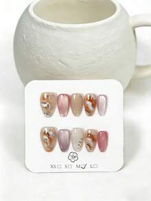 10 Pieces Of Handmade Almond-Shaped Press-On Nails. These Nails Feature A Stunning Gradient Finish Blending Amber, White And Black Shades, Paired With Pink And Purple Cat-Eye Effects And Dotted With Polka Dot Patterns. - Pink - View 2