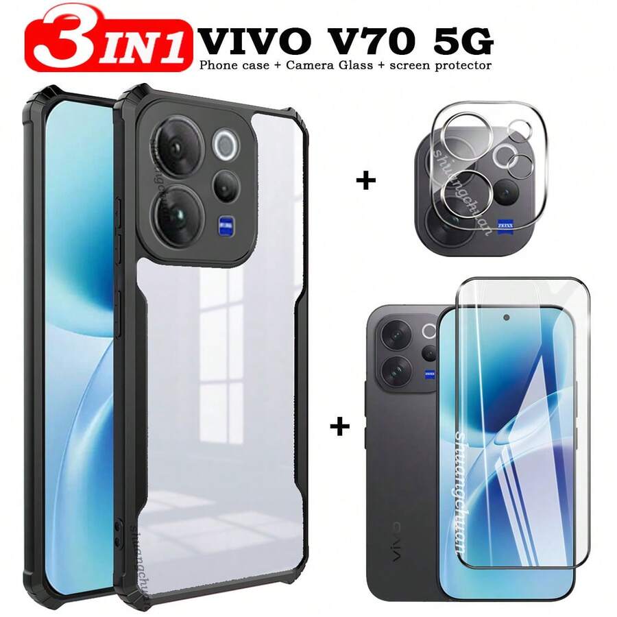 Kính cường lực chống sốc 3 trong 1 cho V70 5G, miếng dán màn hình cường lực toàn màn hình V70 Elite, phim acrylic chống rơi bốn góc, ốp lưng điện thoại trong suốt, miếng dán ống kính cường lực V70, quà tặng mùa xuân kỷ niệm. - 3in1 - Xem 1
