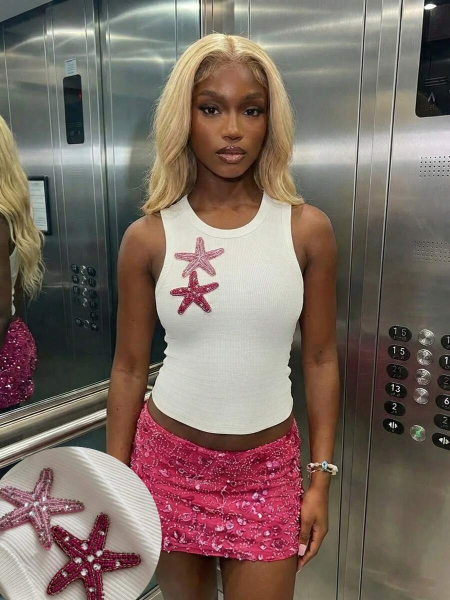 Women's Casual High Stretch Solid Color 3D Sequin Starfish Fitted Tank Top, Suitable For Summer & Spring Vacation Outings White - White - View 1