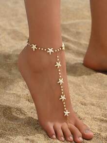 1 pieza Anillo de dedo del pie con cadena de acero inoxidable con forma de estrella de mar, adecuado para uso diario y vacaciones en la playa, joyería de estilo oceánico para los pies. La longitud de la cadena y el número de estrellas de mar/cuentas se pueden personalizar. - Multicolor - Ver 1