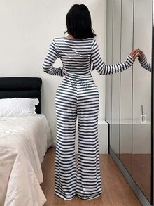 Dreamivo 两件套条纹拼接方领休闲修身长袖睡衣裤套装，女士春夏秋季家居服，适合户外穿着 - 藍色 - 查看 3