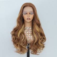 Body Wave Wig 13X6 Transparent Lace Front Wig Synthetic Hair Wig With Baby Hair For Women 26 Inch 1B Color Synthetic Heat-Resistant Ideal For Daily Wear - 挑染金色 - 查看 1