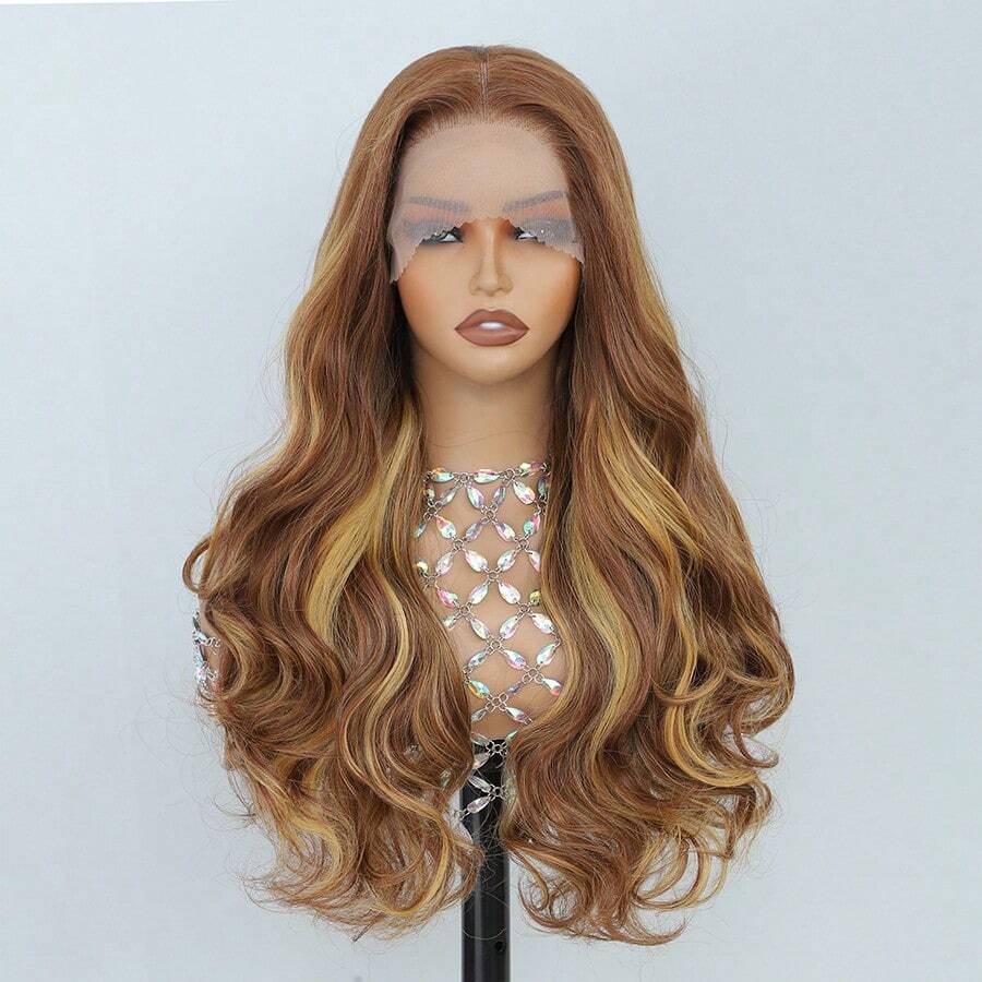 Body Wave Wig 13X6 Transparent Lace Front Wig Synthetic Hair Wig With Baby Hair For Women 26 Inch 1B Color Synthetic Heat-Resistant Ideal For Daily Wear - 挑染金色 - 查看 1