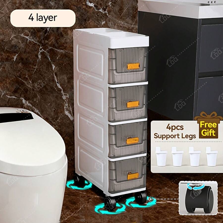 Deluxe Slim Storage Cabinet With Drawers - Durable Waterproof PP Material, Multi-Purpose Organizer With Ample Storage For Bathroom, Kitchen, Personal Care Product Dispensers, And More - Ideal For Small Spaces, Storage Drawer Units OQIE - 4層 - 附輪子 - 查看 1