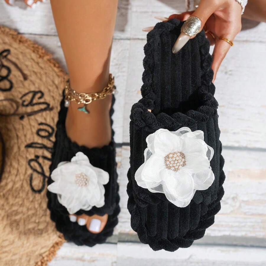 女士休闲拖鞋，黑色仙女图案布艺贴花，时尚露趾家居拖鞋，2026春季新款 - 黑色 - 查看 1