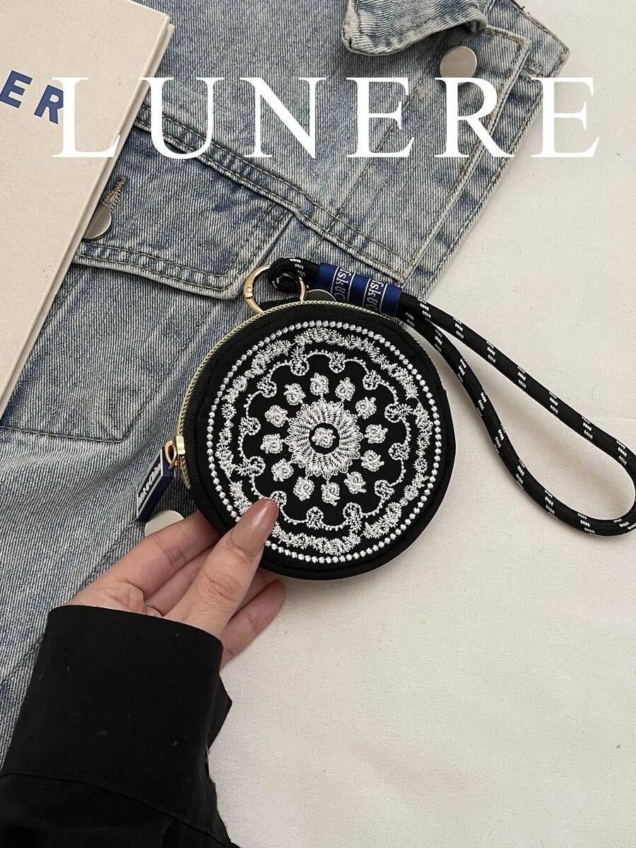 New Retro Embroidered Mini Black Coin Purse, Round Pouch Wristlet - Black - View 1