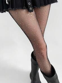 1 Pc Women's Black Rhinestone Fishnet Tights | High Elasticity Edgy Hot Girl Style | Perfect For Streetwear, Party & Night Out - Multicolor - View 4