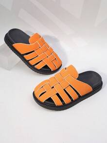 1双女童米色编织厚底防滑拖鞋，适合日常休闲穿着 - 亮橙色 - 查看 5