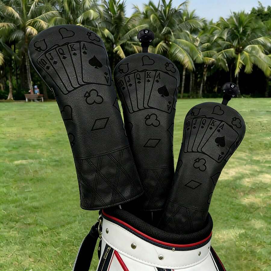 Universal Playing Card Themed Golf Club Head Cover, Black Base With Subtle Floral Pattern, PU Material Compatible With Multiple Sizes, Practical Golf Accessory - Black - View 1