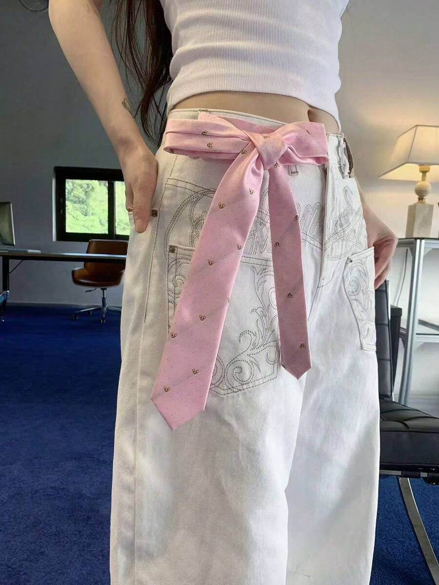 1条粉色小狗刺绣领带，女士时尚发带，条纹围巾/腰带，长款窄腰带，适合休闲、周末郊游、约会、校园、街拍等场合。时尚多功能配饰，也可作为情人节装饰和礼物之选。 - 粉紅色小狗刺繡 - 查看 1