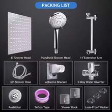 Shower Head , 8-Inch High-Pressure Showerhead, 3 Handheld Shower Head Combinations With Different Settings Home Bathroom Decor - Chrome-extension Rod - View 3
