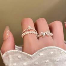 Set de 3 anillos elegantes, lindos y dulces con diseño de moño y perla falsa, adecuado para el uso diario de las mujeres - Multicolor - Ver 2