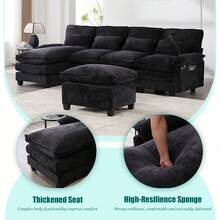 106" U-Shaped Sectional Sofa Cloud Couch For Living Room, Upholstery Comfy Modular Sofas, 4 Seat Chenille U-Shaped Sleeper Sofa, High-Density Sponge Filling, With Chaise Lounge, Ottoman & Pillows(Navy) - 黑色 - 查看 6