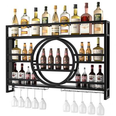 Estantería de vino montada en la pared, totalmente ensamblada, de construcción resistente de hasta 35 libras, almacenamiento vertical para el cuidado de los corchos, estantería de bar de 3 niveles con soporte para copas de vino, instalación sencilla, gran capacidad para exhibir botellas de licor para el bar del hogar, comedor