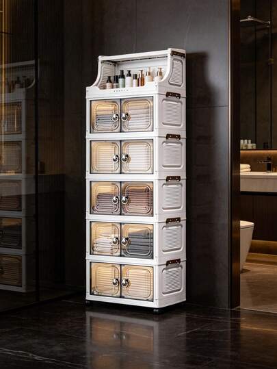 1pc Plastic Folding Storage Cabinet, Double Door Home Living Room Toy Organizer Box, Bedroom Wardrobe Storage Cabinet With Wheels, Clothing Closet Storage Box, Kitchen Trolley Storage Rack