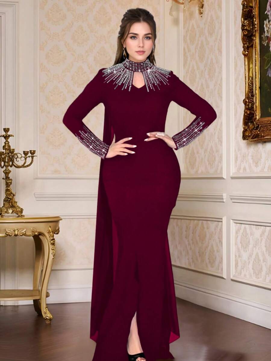 Elegante vestido de fiesta de cumpleaños o boda con mangas largas y cristales brillantes para mujer - Burdeos - Ver 1
