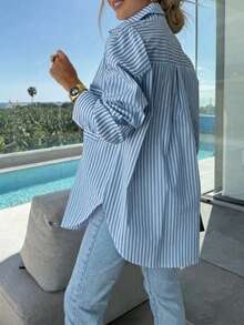 大码女式蝙蝠袖条纹衬衫，休闲宽松版型，适合春夏穿着，工作和日常穿着皆宜。 - 藍色 - 查看 10