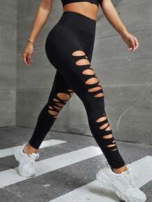 女士高腰破洞瑜伽紧身裤，提臀塑形，弹力透气，适合瑜伽、健身、跑步、日常休闲穿着，夏季 - 黑色 - 查看 4