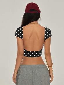 Damen Rückenfreies Kurzarm Polka Dot Rückenfreies Casual Strand Urlaub Schwarz Sommer - Schwarz - Übersicht 6