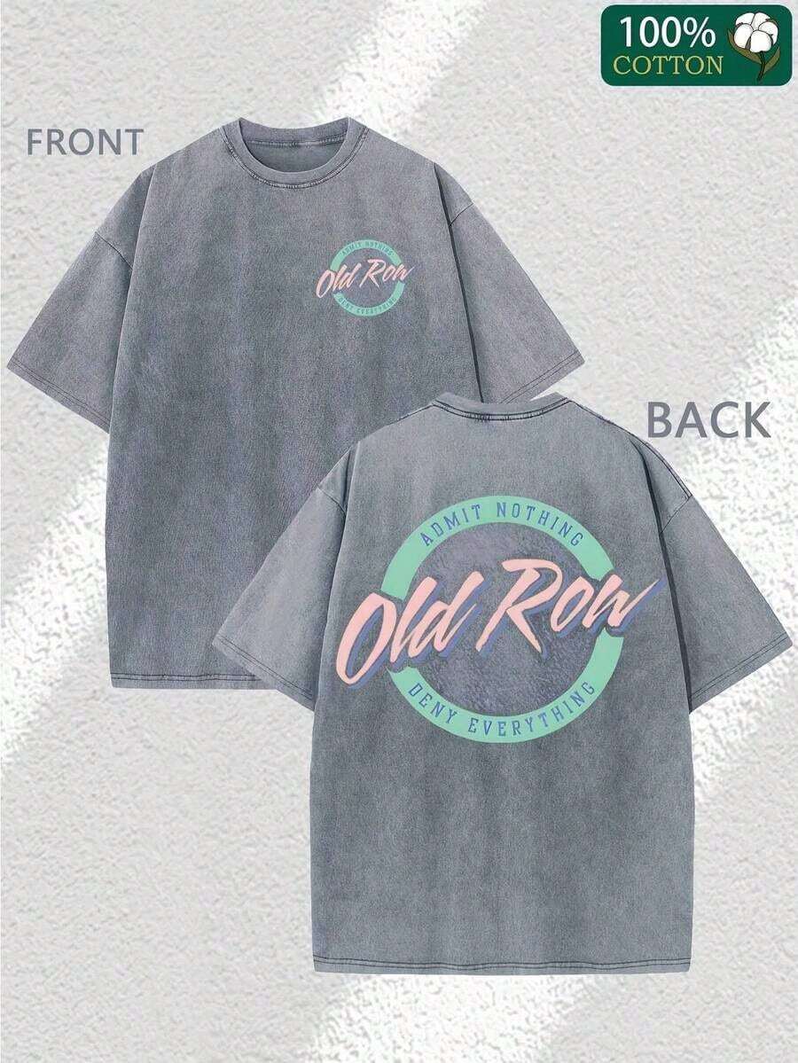 230g Thickened Cotton Old Row Grey And Teal Circle Logo Double-Sided Print Summer Men's Fashion Washed Vintage Batik T-Shirt, Street Retro Style Round Neck Short Sleeve - Xám - Xem 1