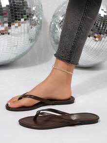 Women's Flip Flops, Casual Street Style Summer Beach Slippers, Solid Color Flat Non-Slip Thong Sandals - Brown - View 6