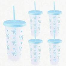 5pcs/10pcs Reusable 24oz Plastic Cups With Pink Ribbon, Straw And Lid, Suitable For Office And School, Can Hold Coffee, Tea, Beer, Juice, Cold/Hot Drinks, Smoothies - Multicolor - View 6