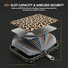 女士防盗钱包，20个卡位，大容量，优质仿皮拉链对折钱包，2个身份证窗口，NFC保护，带钥匙扣 - 多功能信用卡夹，适合旅行和日常使用 - 高貴黑色 - 查看 2