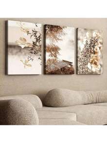 三联帆布墙画套装，现代波西米亚风格湖雾植物帆布画，墙面装饰海报，适用于客厅、卧室、浴室、简约家居办公室，冬季墙面艺术，2D平面设计，完美的房间装饰 - 彩色 - 查看 17