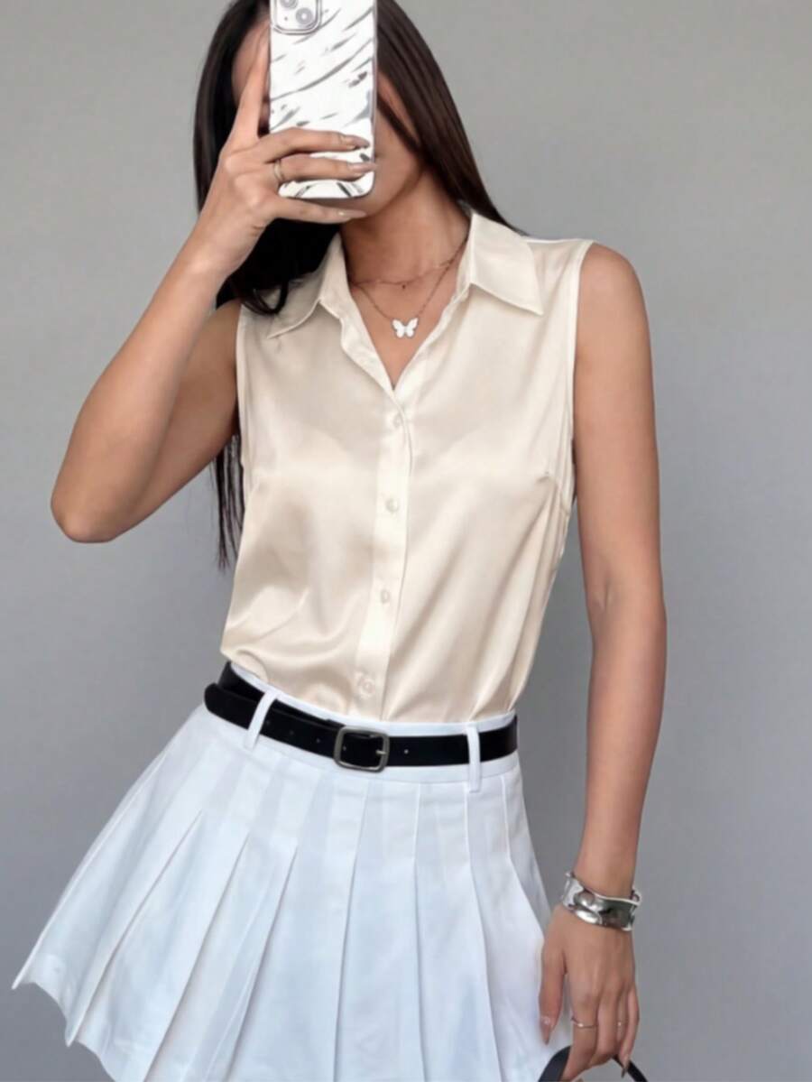 女士无袖翻领常规长度梭织面料纽扣衬衫(夏季款) - 香檳色 - 查看 1