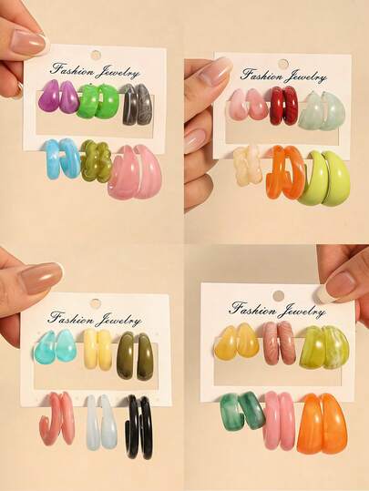12件套女士时尚波西米亚度假风彩色水滴扭曲几何C形大号亚克力耳环套装