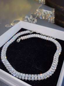 1pc Women's Bling Bling White Zirconia Rhinestone Necklace, Jewelry Accessories Suitable For Daily Wear, Niche Gift - Silver - View 5