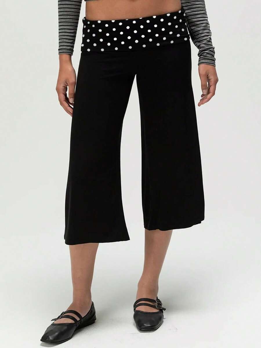 Women Fold Over Low Rise Lounge Capris Pants Casual Wide Leg Cropped Flowy Gaucho Pants Comfy Foldover Waist Yoga Coluttes Pajama Bottoms Summer Beach Palazzo Pants - 波點黑色 - 查看 1